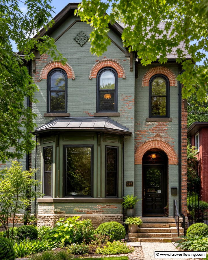 Sage Green with Red Brick Highlights - 25 Sage Green Painted Brick House Ideas for a Fresh Look