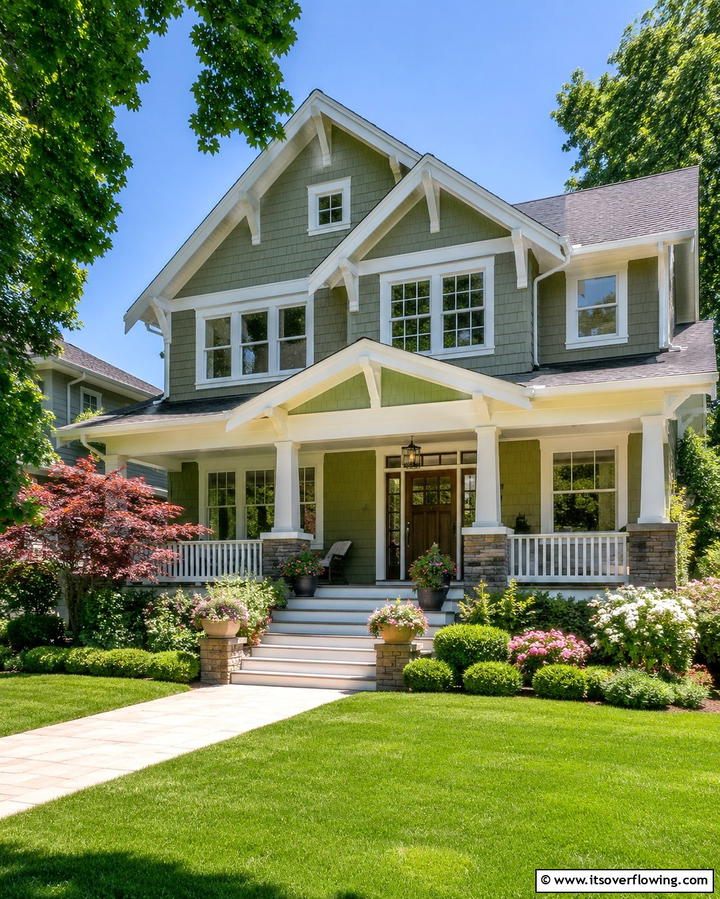 Sage Green with Slate Gray Roofing - 30 Sage Green Exterior House Color Scheme Design Ideas