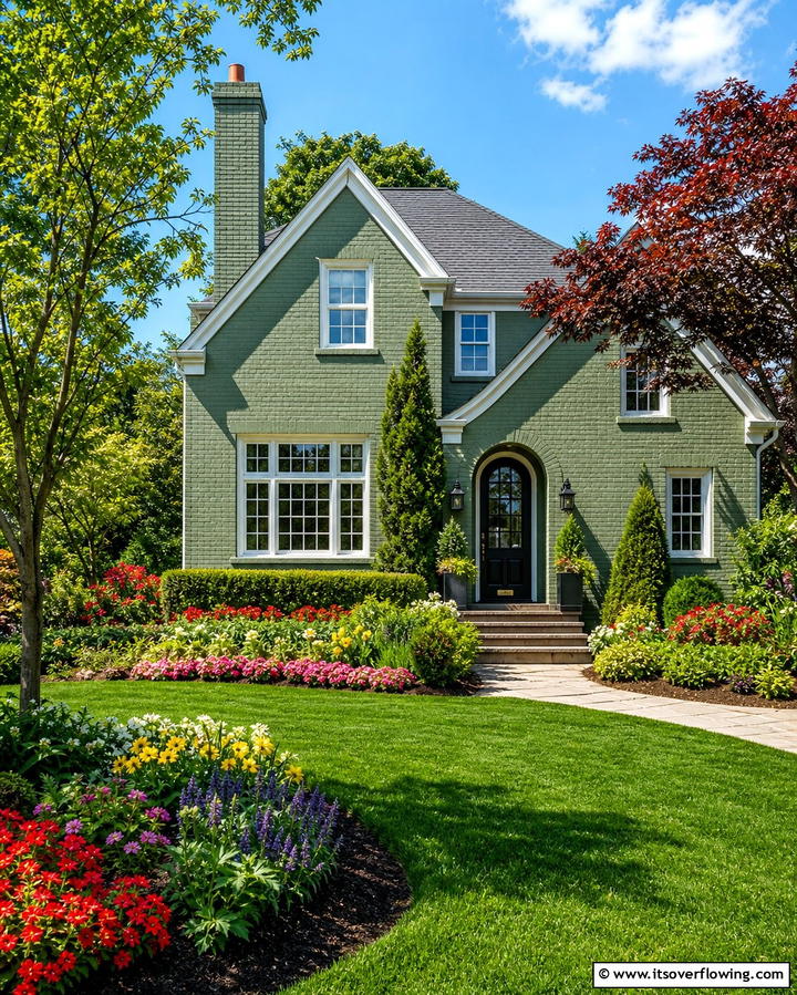 Sage Green with Vibrant Landscaping - 25 Sage Green Painted Brick House Ideas for a Fresh Look