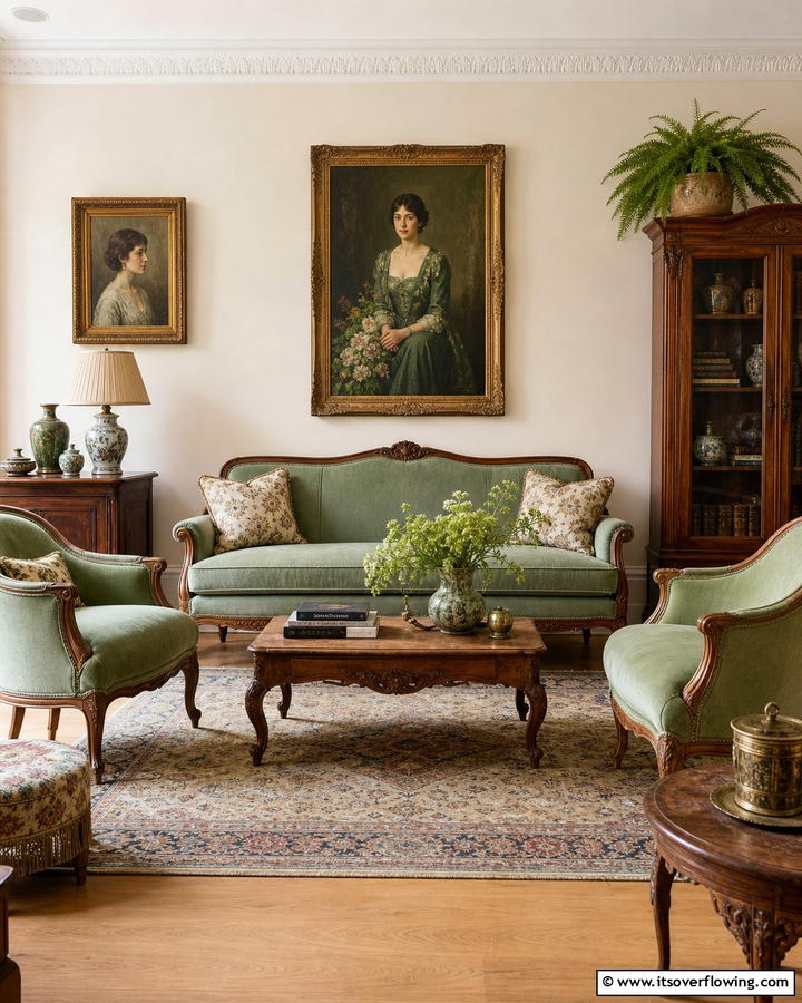Sage Green with Vintage Touches - 21 Sage Green Living Room Schemes for Calming Interior Designs