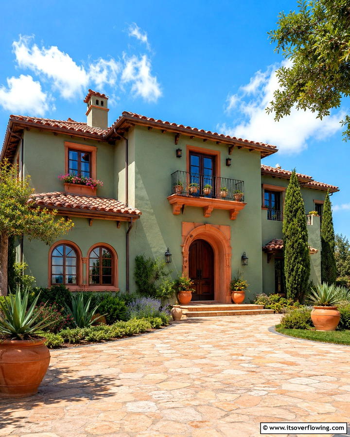 Sage Green with Warm Terracotta Details - 30 Sage Green Exterior House Color Scheme Design Ideas