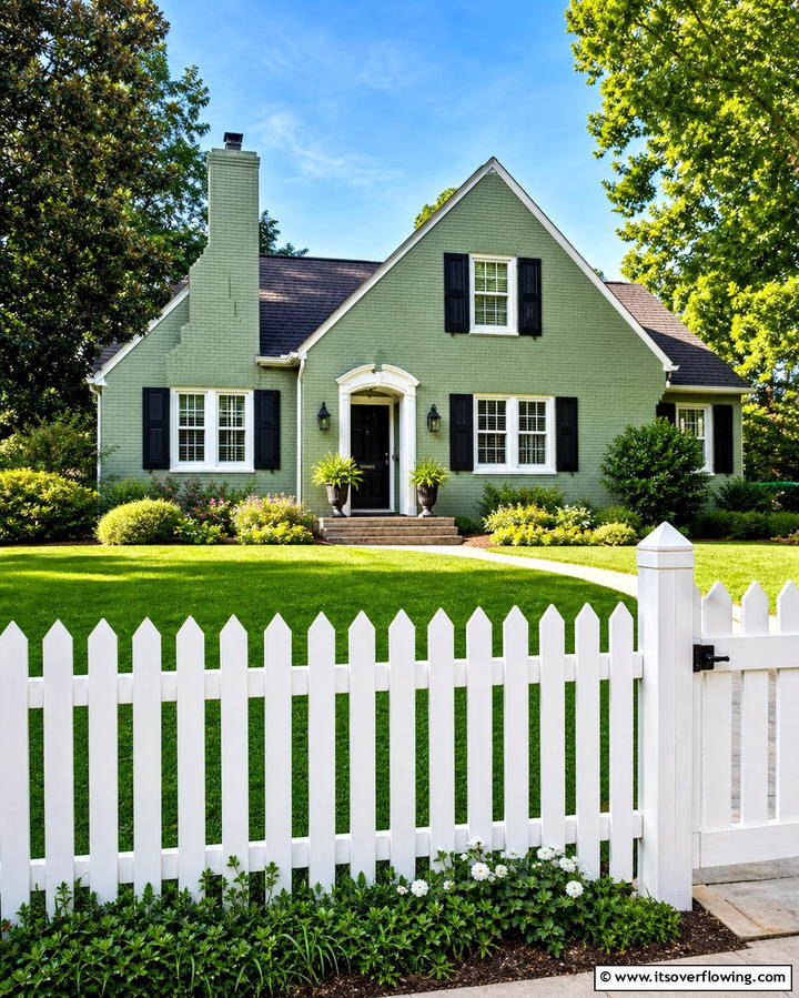 Sage Green with White Picket Fencing - 25 Sage Green Painted Brick House Ideas for a Fresh Look