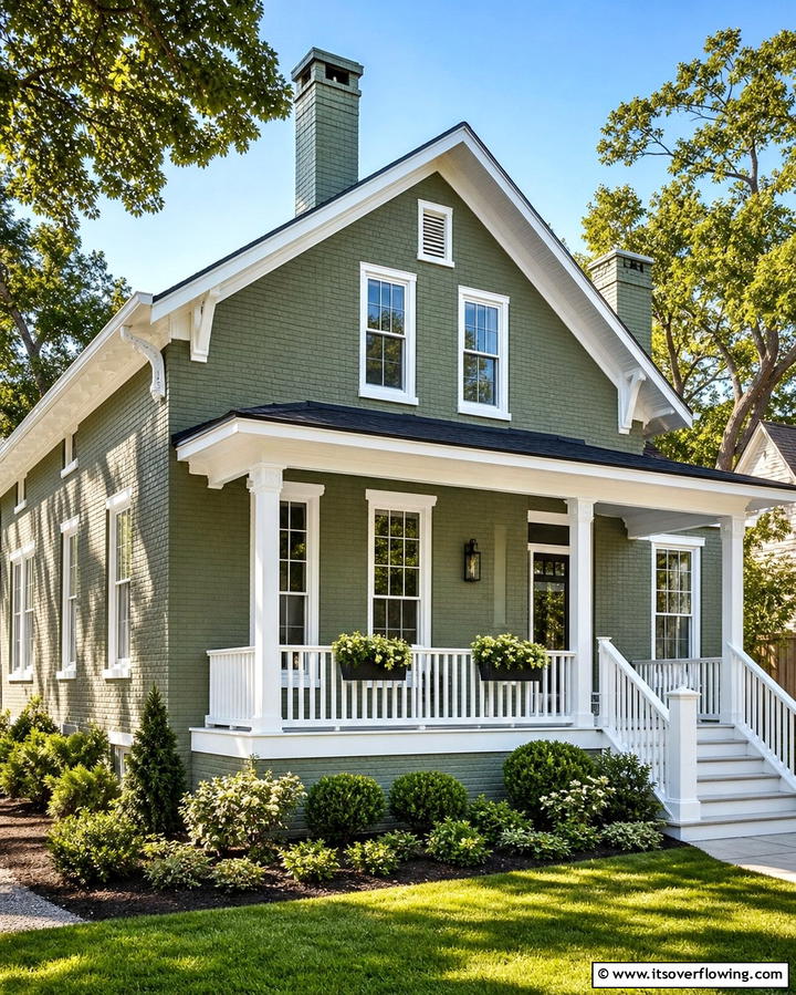 Sage Green with White Trim for a Crisp Contrast - 25 Sage Green Painted Brick House Ideas for a Fresh Look
