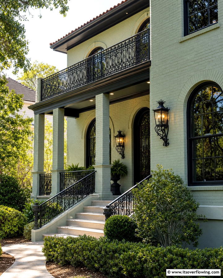 Sage Green with Wrought Iron Details - 25 Sage Green Painted Brick House Ideas for a Fresh Look