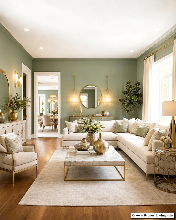 Sage and Metallic Highlights - 21 Sage Green Living Room Schemes for Calming Interior Designs