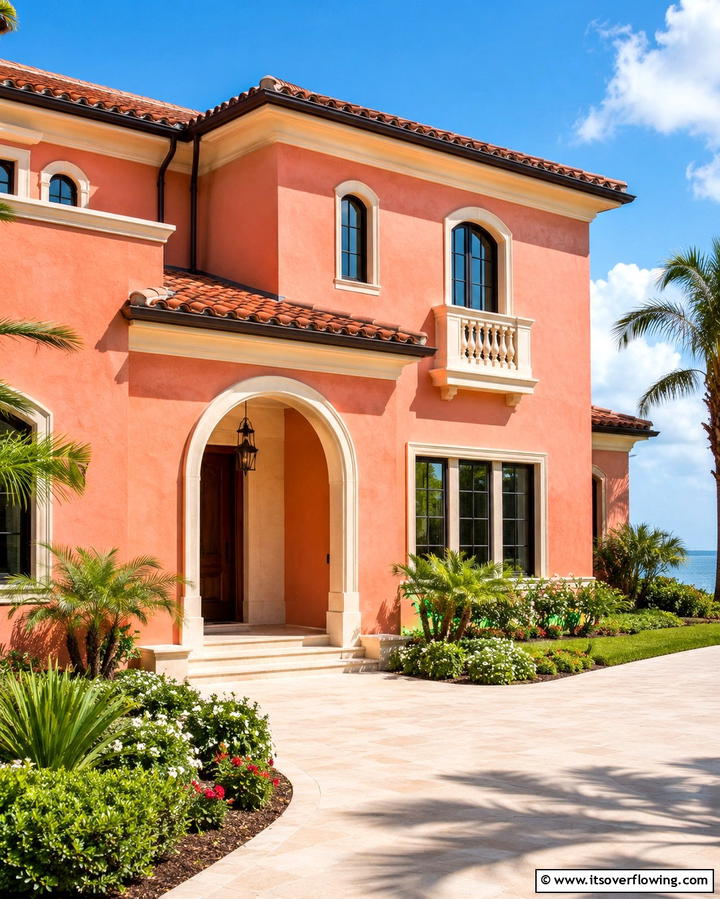 Salmon Pink with Cream Trims - 25 Pink House Exterior Ideas for a Charming Look
