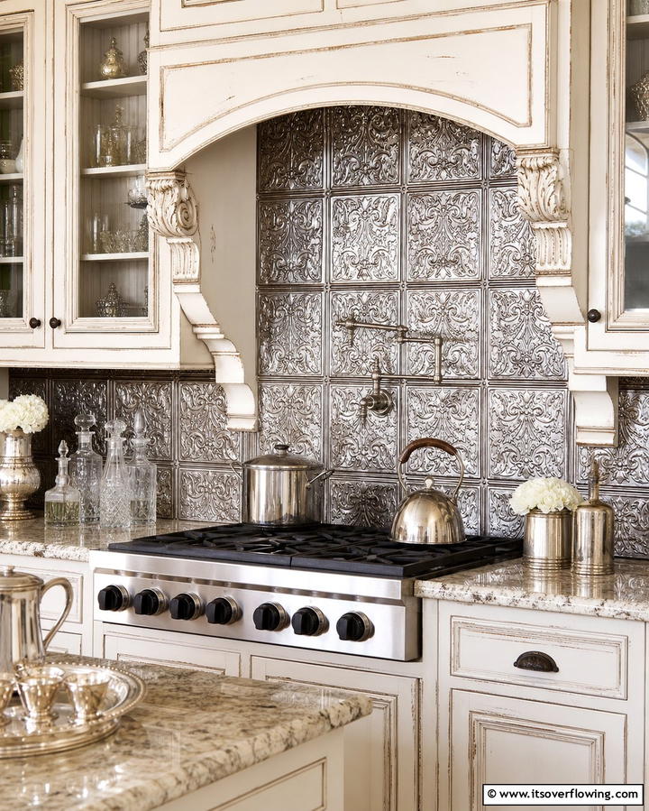 Salvaged Tin Tiles - 25 Rustic Backsplash Ideas for a Farmhouse Kitchen