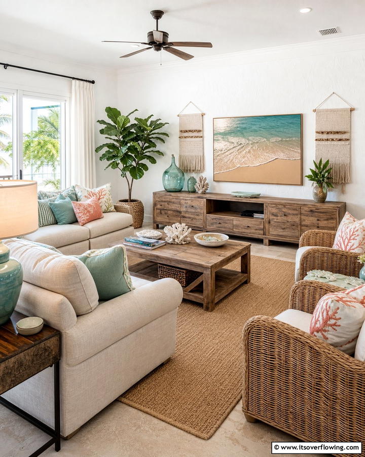 Sandy Shore Elegance - 21 Coastal Living Room Ideas with Nautical Accents