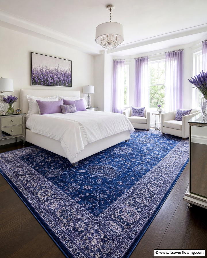 Sapphire Blue Rug with Lavender Accents - 20 Blue and Purple Bedroom Ideas- Vibrant & Cozy Designs