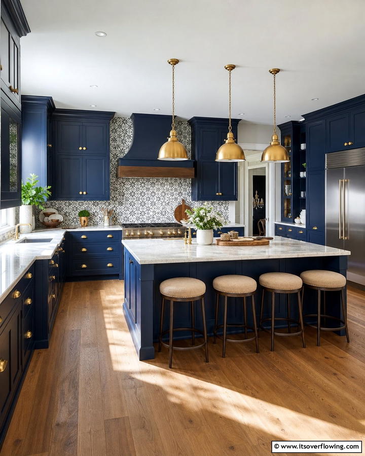 Sapphire Blue Shaker Cabinets with Gold Cup Pulls - 25 Blue Kitchen Cabinets With Gold Hardware for a Luxe Look