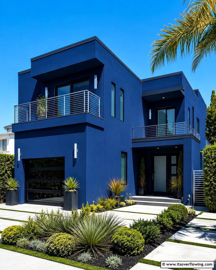 Sapphire Blue with Silver Details - 30 Serene Blue Exterior House Paint Ideas for Curb Appeal