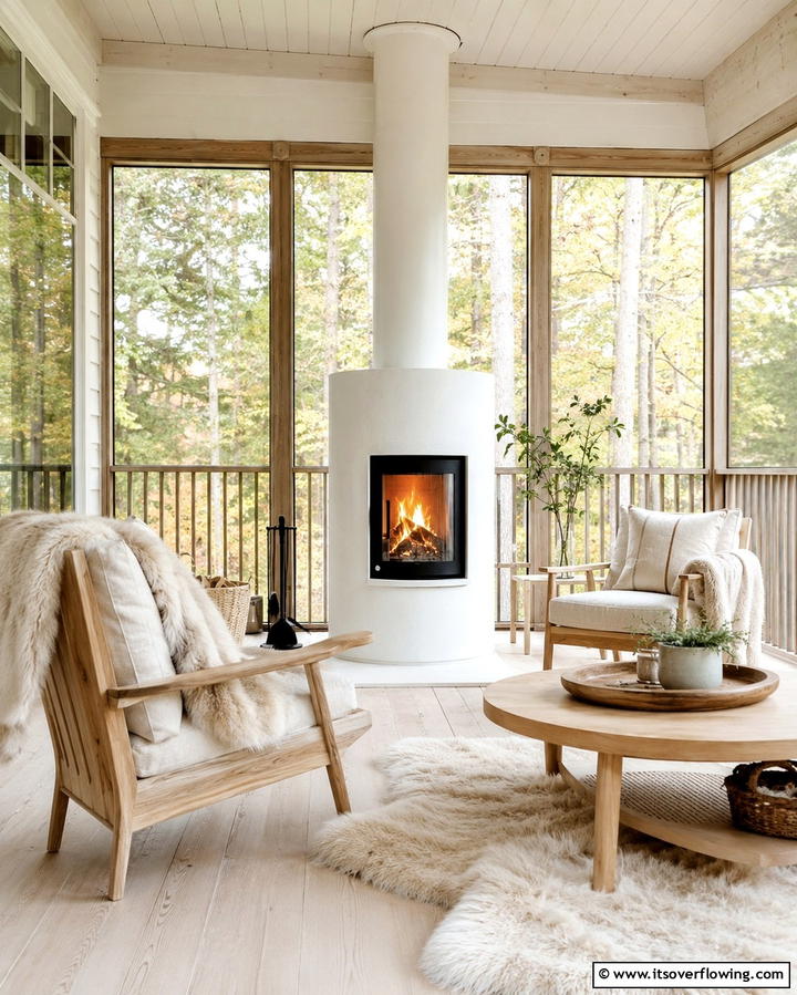 Scandinavian Inspired Fireplace Simplicity - 25 Screened-in Porch With Fireplace Ideas for Cozy Evenings
