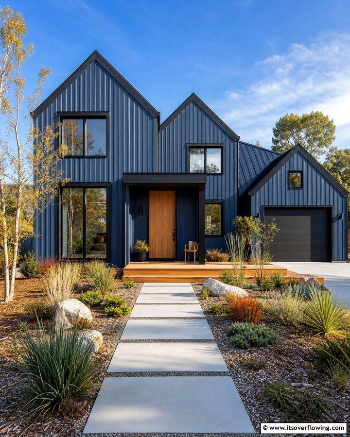 Scandinavian Inspired Minimalism - 25 Blue House With Black Trim Ideas for a Striking Exterior