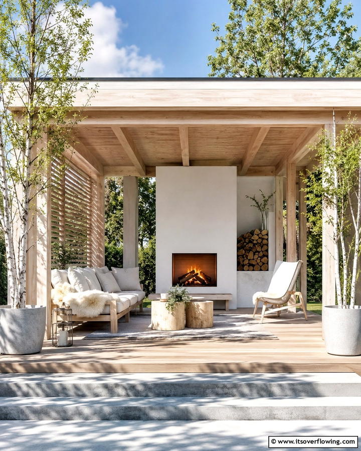 Scandinavian Inspired Pavilion with Fireplace - 25 Backyard Pavilion With Fireplace Ideas for Cozy Nights