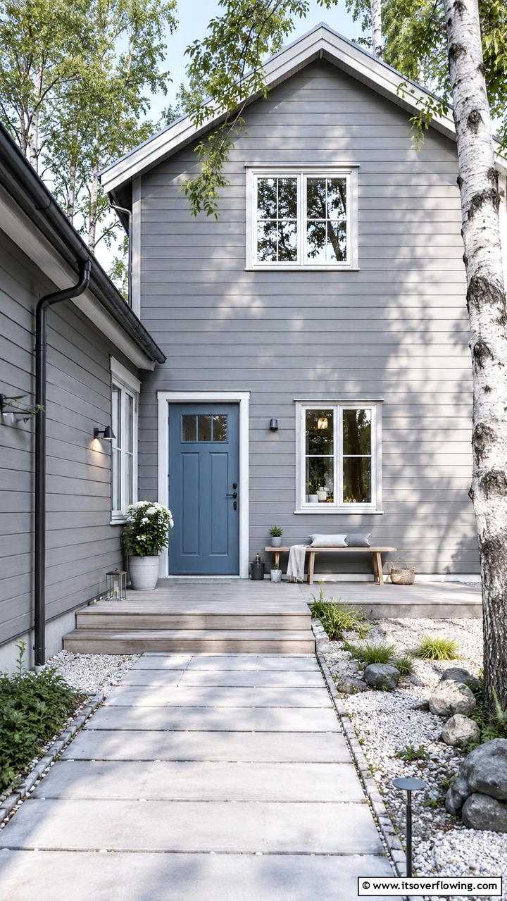 Scandinavian Simplicity - 30 Grey House With Blue Door Ideas- Charming Curb Appeal