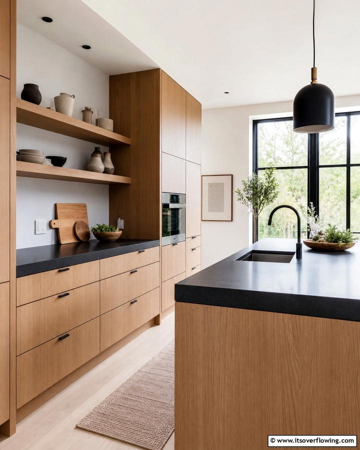 Scandinavian Simplicity with Neutral Accents - 25 Brown Kitchen Cabinets With Black Countertops