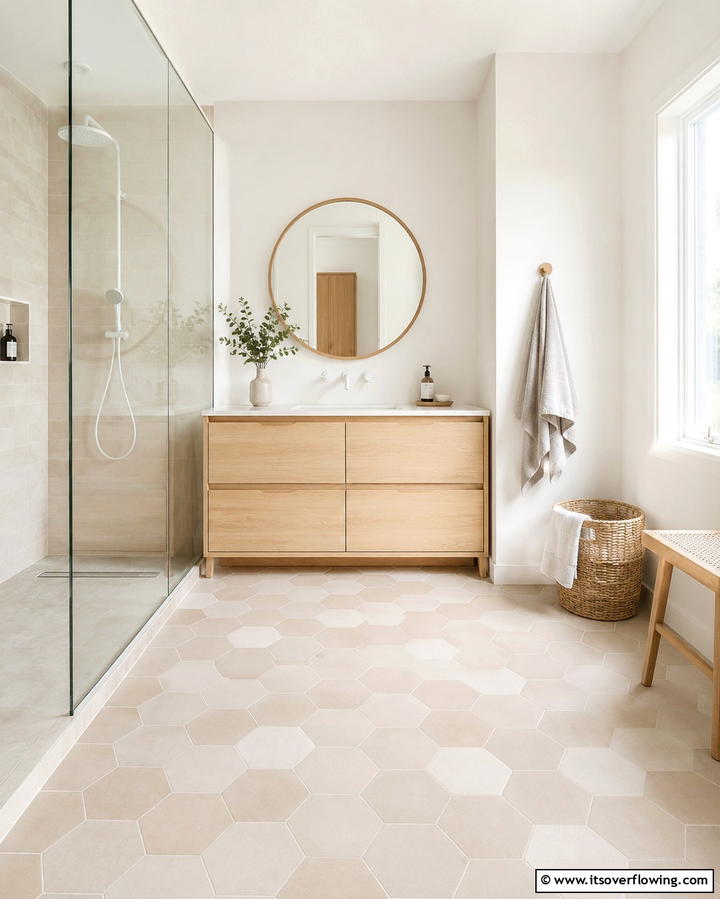 Scandinavian Simplicity with Neutral Hexagon Tiles - 30 Bathrooms with Hexagon Tile Floor Design Ideas