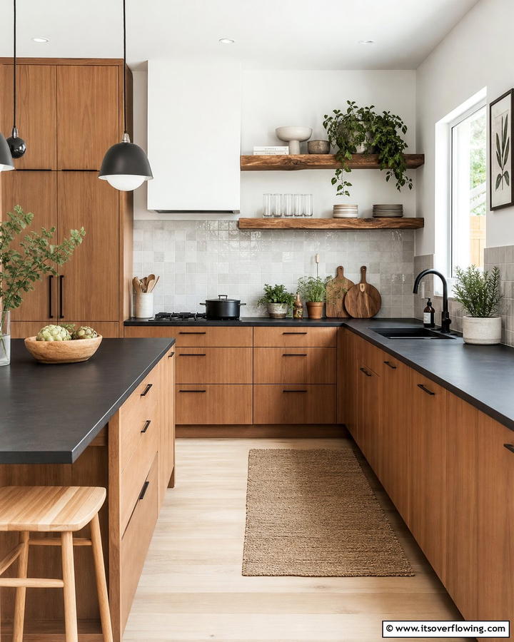 Scandinavian Simplicity with Organic Elements - 20 Kitchen Ideas with Brown Cabinets and Black Countertops