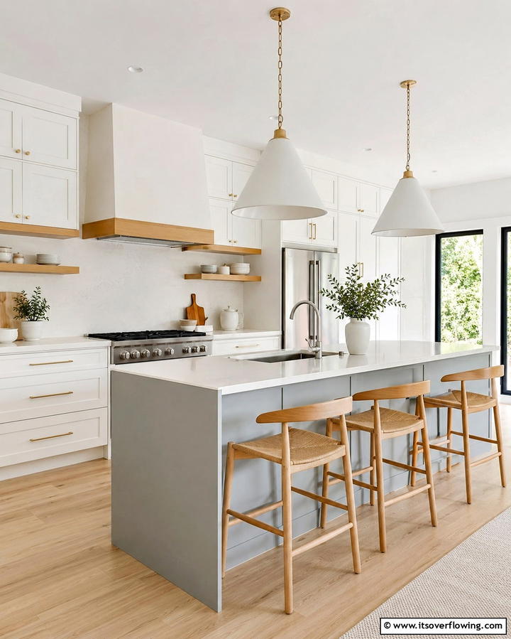 Scandinavian Simplicity with White Cabinets and a Soft Grey Island - 25 White Kitchen Cabinets with Grey Island Ideas
