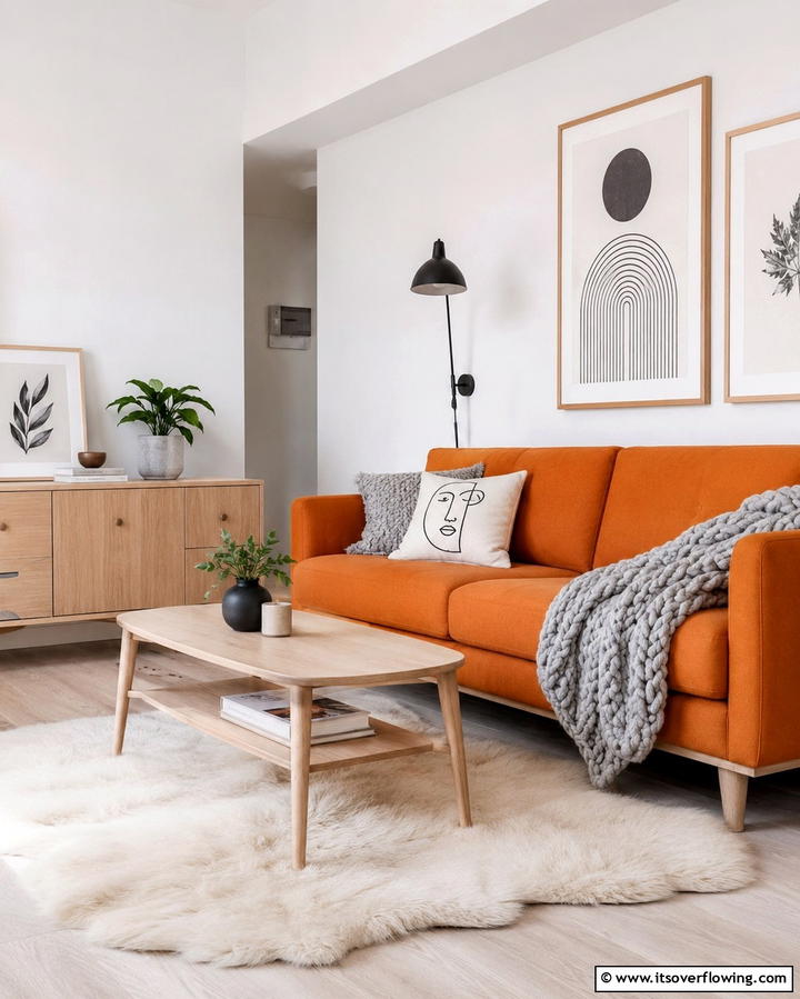 Scandinavian Simplicity with a Pop of Orange - 25 Orange Couch Living Room Ideas for a Vibrant Space