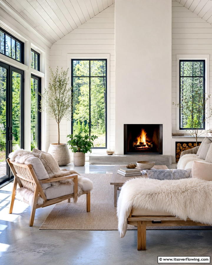 Scandinavian Sunroom with Clean Lined Fireplace - 30 Sunroom With Fireplace Ideas for Year-Round Comfort