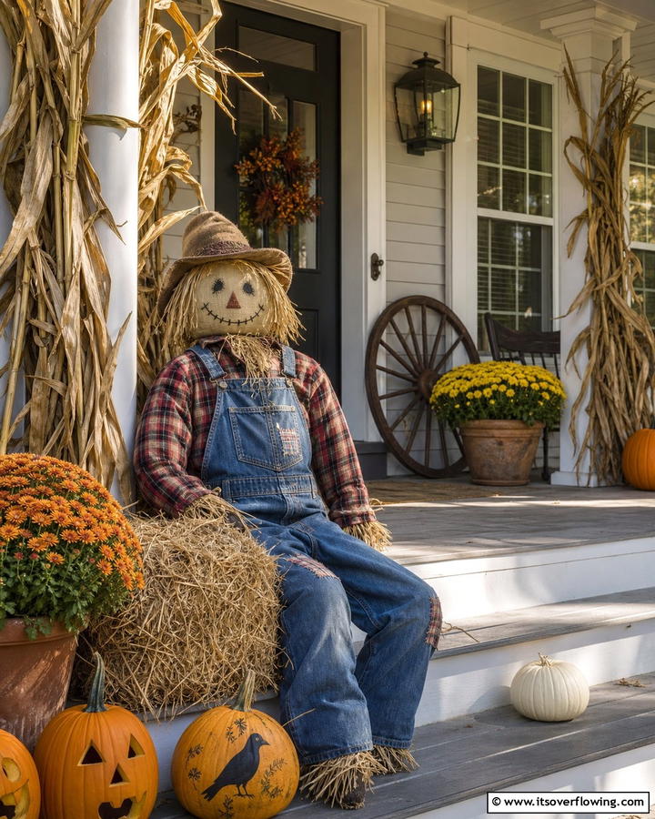 Scarecrow Porch Figures - 21 Fall Porch Decor Ideas for a Warm Autumn Welcome
