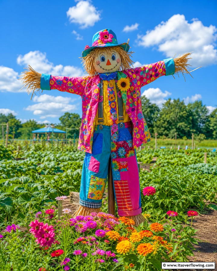 Scarecrow in Bright Colors - 20 Garden Scarecrow Ideas to Protect and Decorate Your Garden