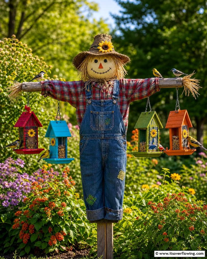 Scarecrow with Bird Feeders - 20 Garden Scarecrow Ideas to Protect and Decorate Your Garden