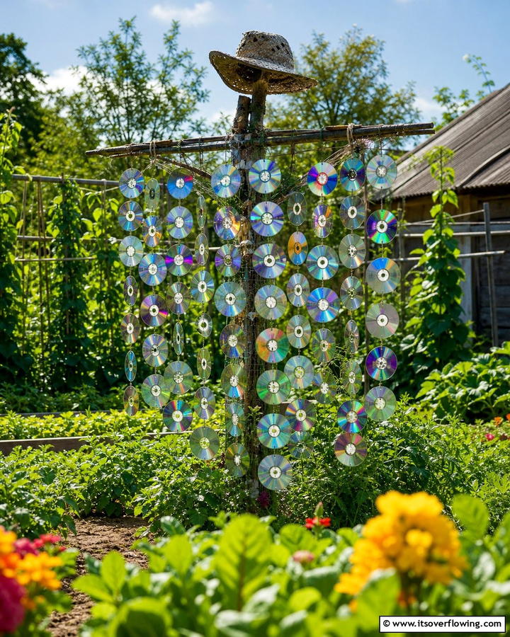 Scarecrow with Old CDs - 20 Garden Scarecrow Ideas to Protect and Decorate Your Garden