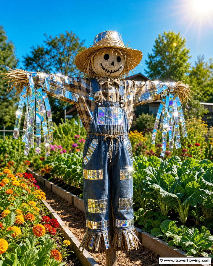 Scarecrow with Reflective Tape - 20 Garden Scarecrow Ideas to Protect and Decorate Your Garden