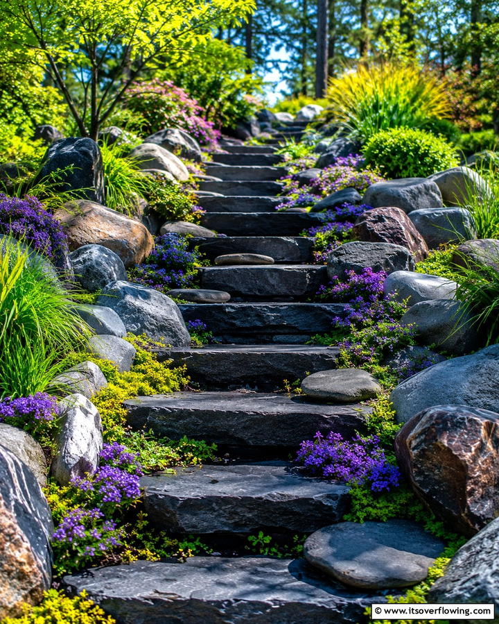 Scenic Stairway with Natural Rocks - 30 Natural Black River Rock Landscaping Ideas for Texture