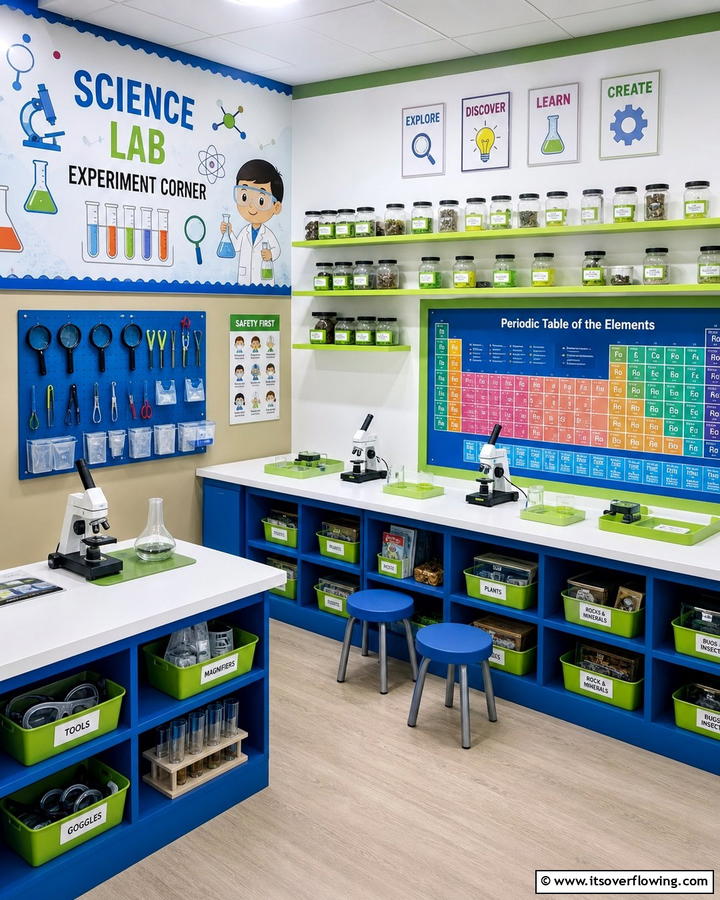 Science Lab Experiment Corner - 21 Playroom Ideas for Creative & Organized Kids Spaces