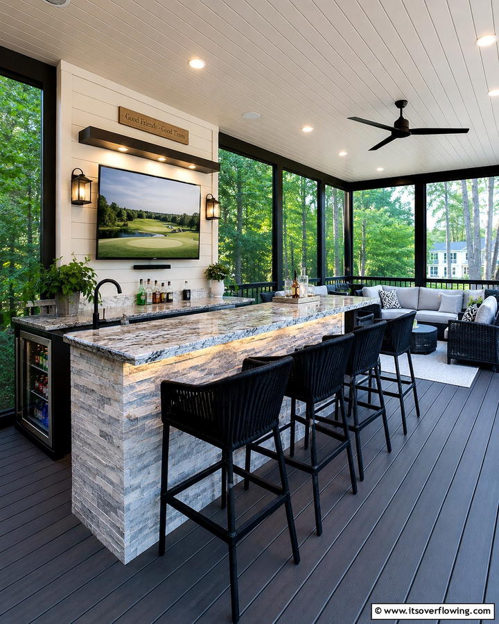 Screened Deck with Built In Bar and Entertainment - 30 Screened-in Deck Ideas for Bug-Free Outdoor Living