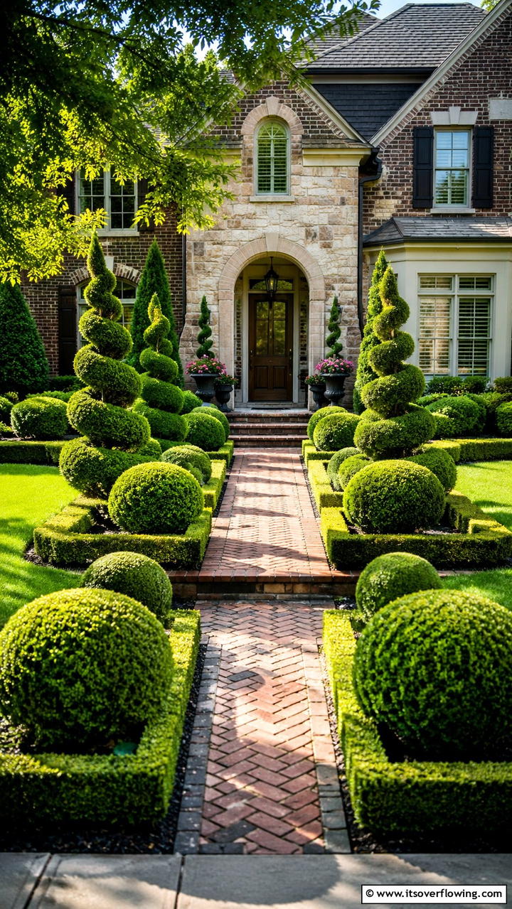 Sculpted Topiary Evergreens - 30 Front Yard Evergreen Landscaping Ideas for Year-Round Beauty