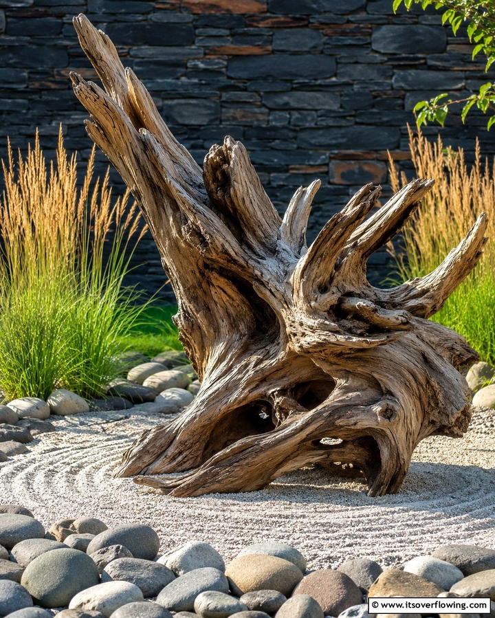 Sculptural Driftwood - 25 Zen Garden Ideas for a Peaceful Outdoor Retreat