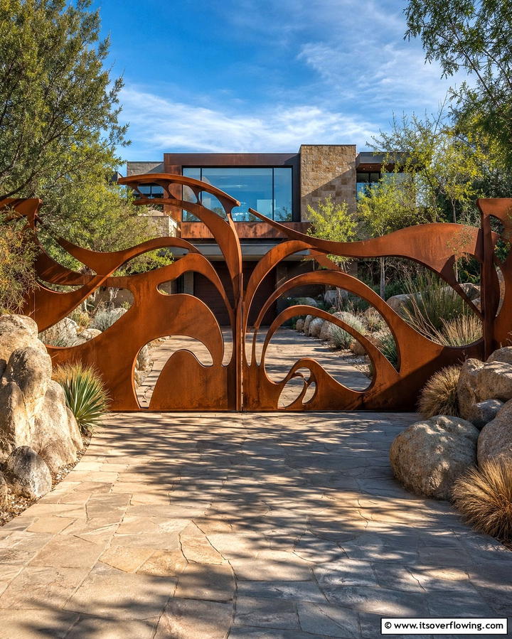 Sculptural Metal Art Gate - 30 Inviting Front Gate Designs for Home Entrances