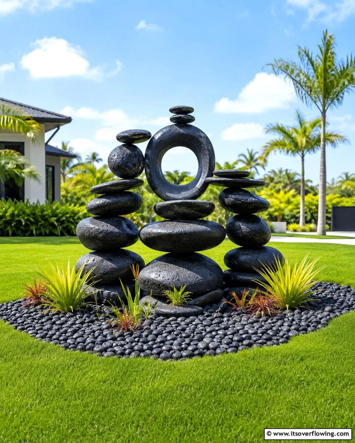 Sculptural Rock Installations - 30 Natural Black River Rock Landscaping Ideas for Texture