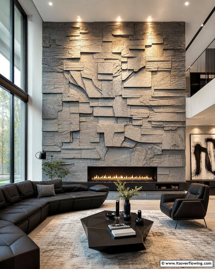 Sculptural Wall Impact - 21 Rustic Stone Fireplace Designs for Cozy Living Rooms