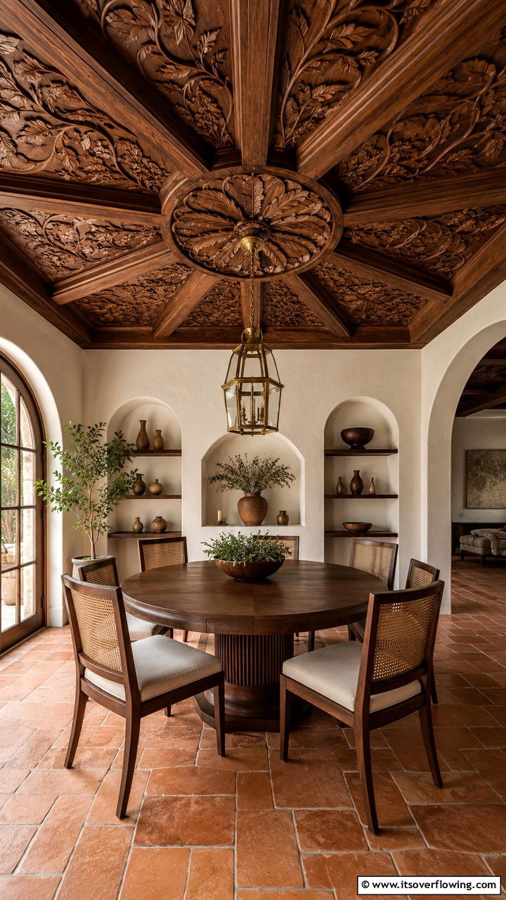 Sculptural Woodwork Elegance - 30 Dining Room Ceiling Ideas to Elevate Your Space