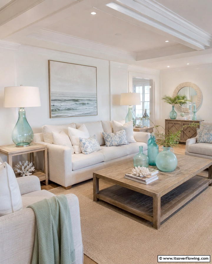 Sea Glass Decor - 30 Hamptons Living Room Ideas for Coastal-Inspired Elegance
