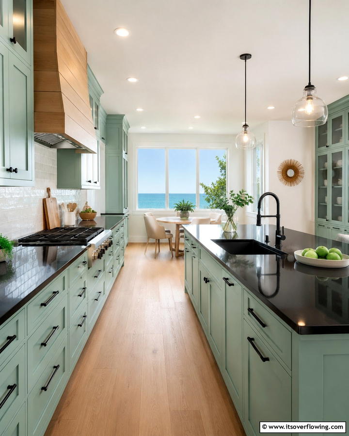 Seafoam Green Cabinets with Black Epoxy Countertops - 30 Green Kitchen Cabinets & Black Countertops Pairing Ideas