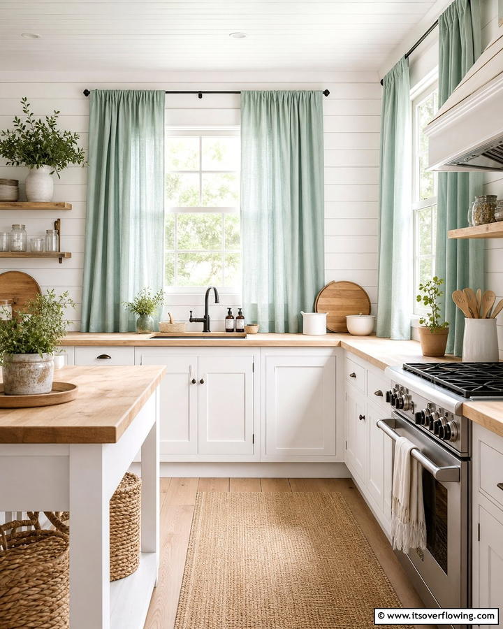 Seafoam Green Curtains for a Soft Touch - 20 Seafoam Green Kitchen Ideas for a Fresh Look