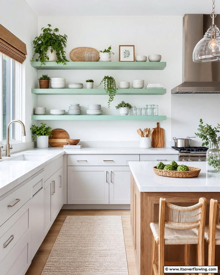 Seafoam Green Open Shelving for a Fresh Touch - 20 Seafoam Green Kitchen Ideas for a Fresh Look
