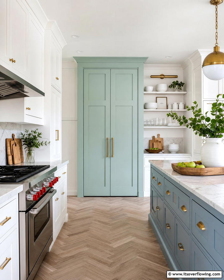 Seafoam Green Pantry Doors for a Hidden Surprise - 20 Seafoam Green Kitchen Ideas for a Fresh Look