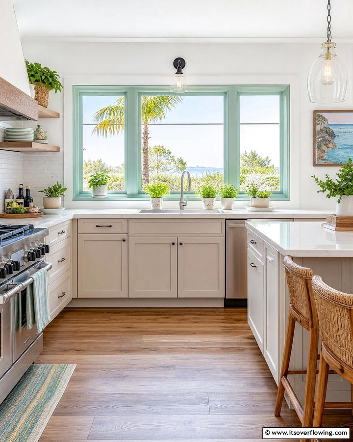 Seafoam Green Window Frames for a Unique Detail - 20 Seafoam Green Kitchen Ideas for a Fresh Look