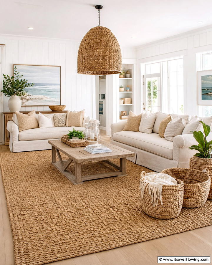 Seagrass and Linen Layers - 21 Coastal Living Room Ideas with Nautical Accents