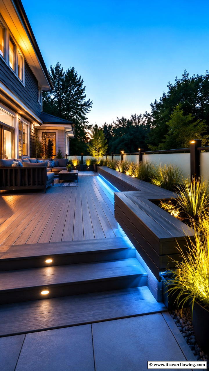 Seamless Bench with Integrated Lighting - 30 Built-In Deck Bench Ideas- Functional Outdoor Seating