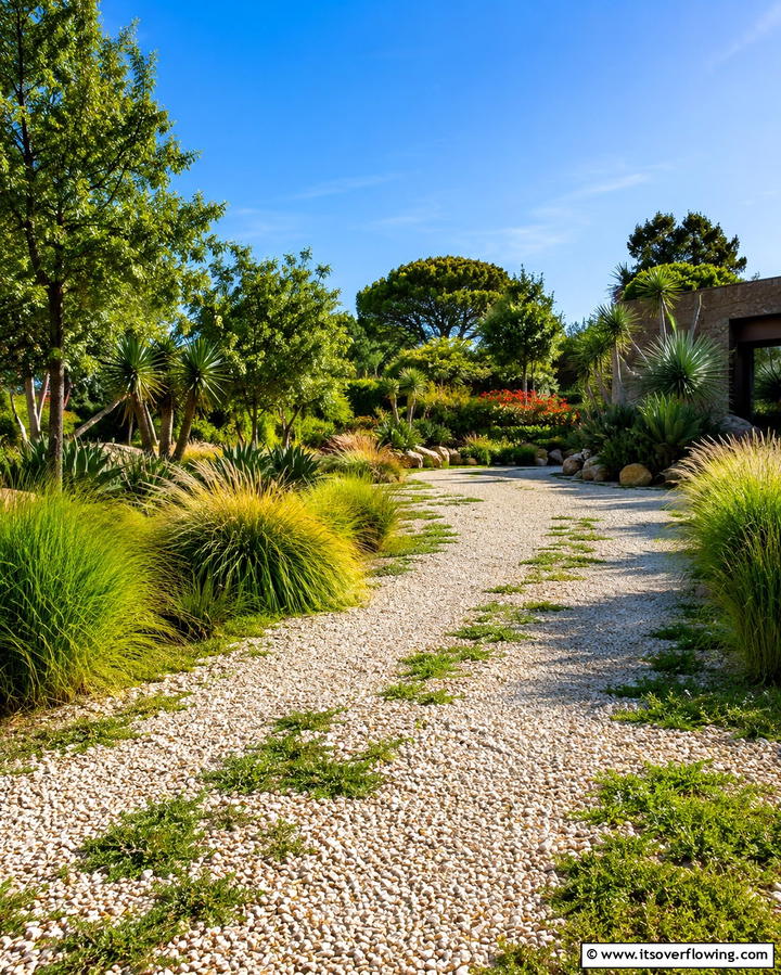 Seamless Gravel and Greenery Blend - 30 Gravel Driveway Ideas- Durable & Stylish Options