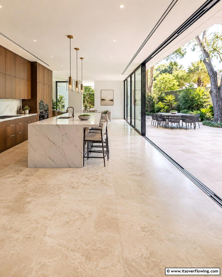Seamless Indoor Outdoor Transition - 25 Travertine Floor Kitchen Ideas for Elegance
