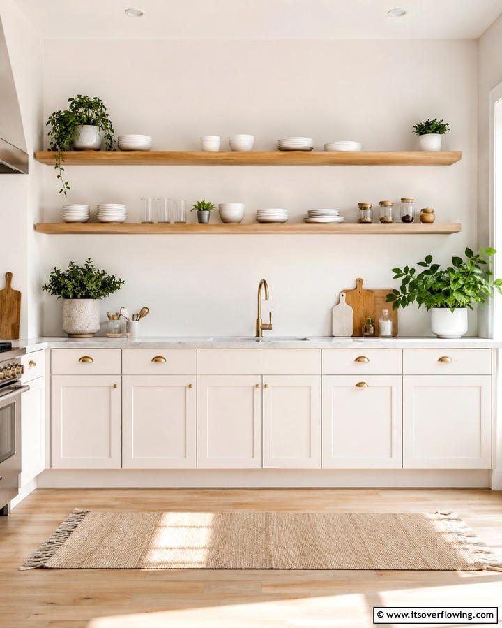 Seamless Integration with Open Shelving - 25 Off-white Kitchen Cabinets for a Timeless Look